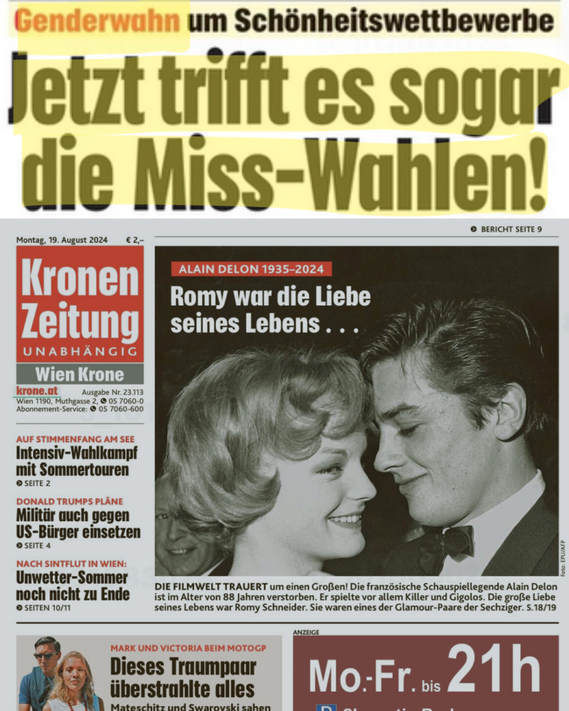 Titelseite Kronen Zeitung am 19. August: „Genderwahn um Schönheitswettbewerbe: Jetzt trifft es sogar die Miss-Wahlen!“