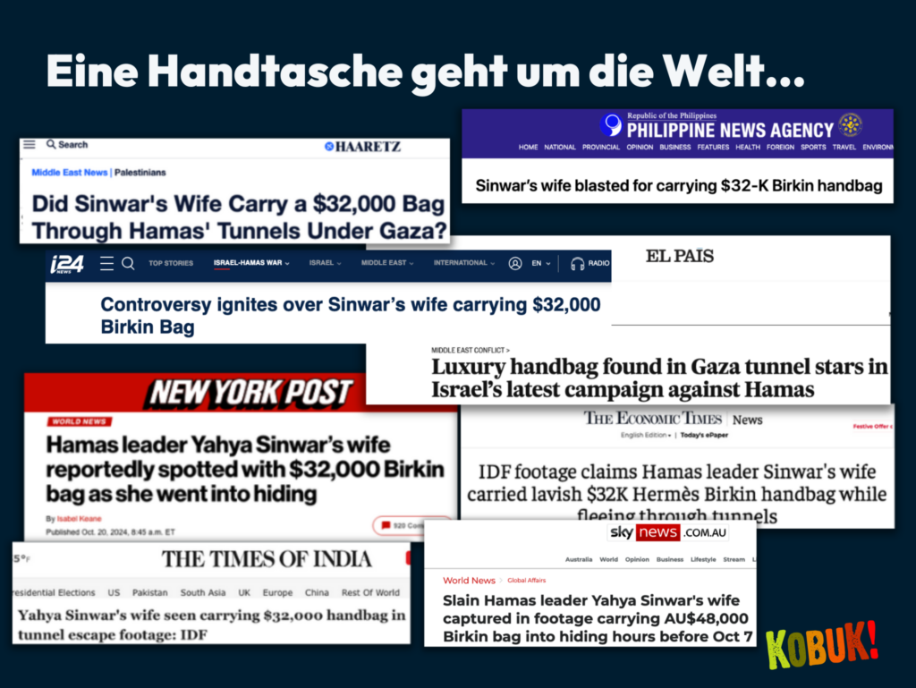 Collage von internationalen Medienberichten zur angeblichen Birkin-Handtasche der Witwe von Sinwar