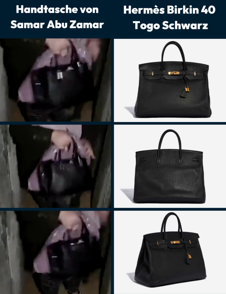 Collage: links Handtasche von Samar Abu Zamar; rechts Fotos der Hermès Birkin 40 Togo Schwarz