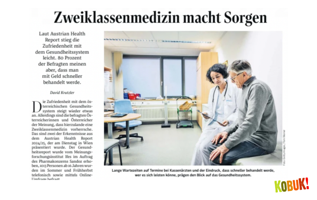 Das Bild zu diesem Artikel im Standard zeigt einen Mann und eine Frau, die gleich groß und gleichwertig im Fokus stehen. Der Mann wird als Patient gezeigt, die Frau als Ärztin.