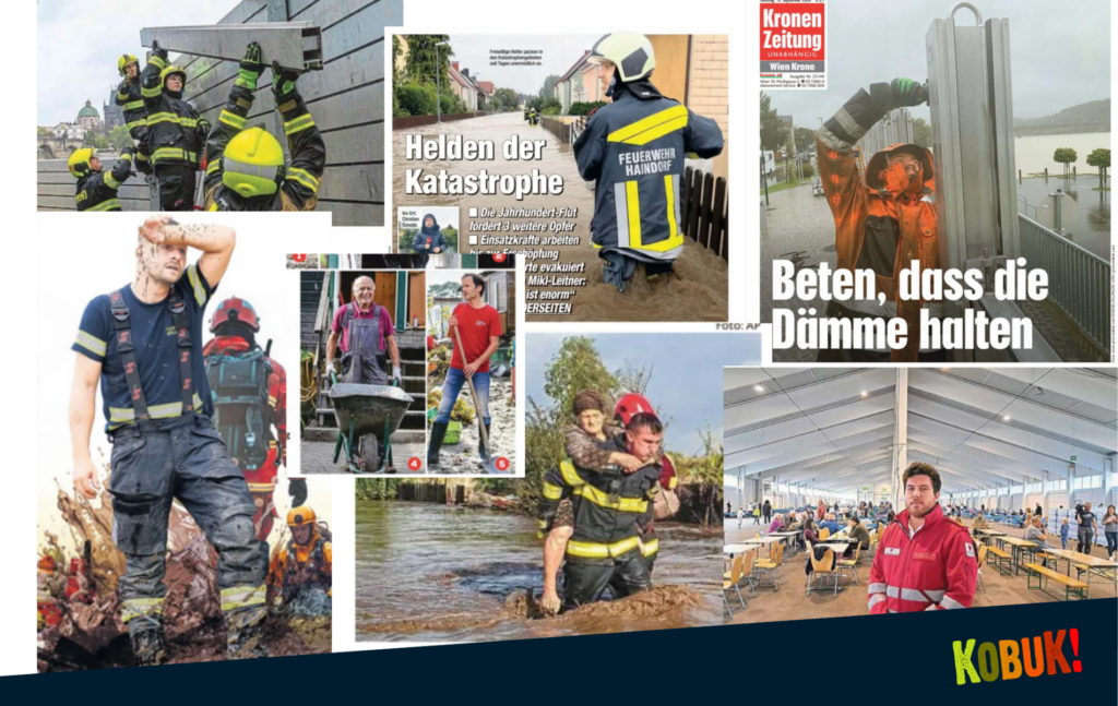 In der Berichterstattung von Kronen Zeitung und Heute wurden Männer fast ausschließlich als helfende Helden gezeigt: Feuerwehrmänner retten, bergen, bauen wieder auf.