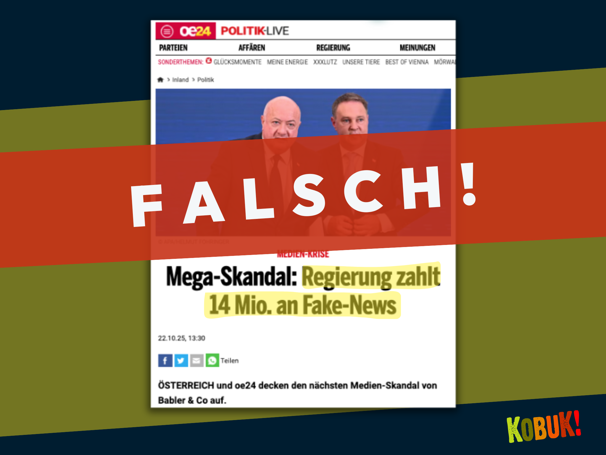 Screenshot eines Artikels von oe24 mit der Schlagzeile „Mega-Skandal: Regierung zahlt 14 Mio. an Fake-News“. Darüber liegt ein breiter roter Balken mit der Aufschrift „FALSCH!“ in weißen Großbuchstaben. Unten rechts steht das Logo von „Kobuk!“. Der Beitrag kennzeichnet den dargestellten Artikel als Falschinformation.