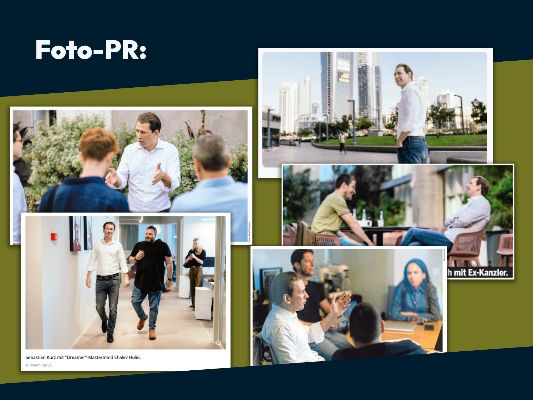 Collage verschiedener PR-Fotos: der abgebildete ehemalige Politiker spricht vor mehreren Personen, sitzt im Freien zu einem Gespräch, geht gemeinsam mit einem Mann einen Büroflur entlang, oder sitzt in einem Meetingraum mit mehreren Menschen. Die Hintergründe zeigen moderne Bürogebäude und urbane Szenen.