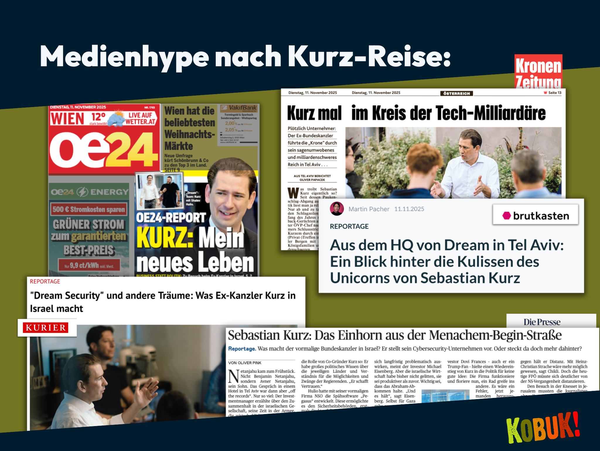 Collage mehrerer österreichischer Medienberichte. Zu sehen sind Titelblätter und Online-Artikel verschiedener Zeitungen und Magazine, die über eine Reise eines ehemaligen Politikers nach Israel berichten. Auf den Ausschnitten stehen Schlagzeilen wie „Medienhype nach Kurz-Reise“, „KURZ: Mein neues Leben“, „im Kreis der Tech-Milliardäre“ oder „Ein Blick hinter die Kulissen des Unicorns“. Fotos zeigen den entsprechenden Politiker in Gesprächssituationen oder Büroumgebungen.