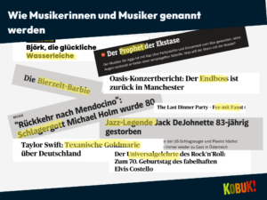Eine Collage mit ausgewählten Headlines über Musiker und Musikerinnen.