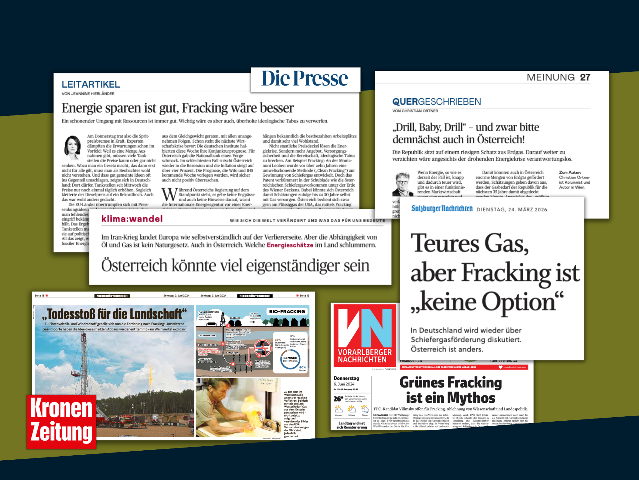 Eine Collage von Zeitungsausschnitten zum Thema Energiepolitik und Fracking in Österreich. Die Collage enthält folgende Elemente: „Die Presse“ (Leitartikel und Meinung, 27. März 2026): Leitartikel von Jeannine Hierländer: „Energie sparen ist gut, Fracking wäre besser“ – Diskussion über ideologische Tabus in der Energiepolitik und die Notwendigkeit, Österreichs Energieversorgung unabhängiger zu gestalten. Meinungsbeitrag von Christian Ortner: „Drill, Baby, Drill – und zwar bitte demnächst auch in Österreich!“ – Plädoyer für Fracking in Österreich, um die Abhängigkeit von fossilen Brennstoffen zu verringern. „Kronen Zeitung“ (Seite 18, 2. Juni 2024): Artikel: „Todesstoß für die Landschaft“ – Kritik an der Forderung nach Fracking im Weinviertel, verbunden mit Umweltbedenken. „Vorarlberger Nachrichten“ (Donnerstag, 6. Juni 2024): Artikel: „Grünes Fracking ist ein Mythos“ – Ablehnung von Fracking aus ökologischen Gründen, mit Verweis auf die Ablehnung durch Wissenschaft und Landespolitik. „Salzburger Nachrichten“ (Dienstag, 24. März 2026): Artikel: „Teures Gas, aber Fracking ist keine Option“ – Diskussion über die hohen Gaspreise und die Ablehnung von Fracking in Österreich. Zusätzlich sind auf der Collage Grafiken zu erneuerbaren Energien (Biogas und Photovoltaik) sowie ein Foto von einer Bohrinsel zu sehen.