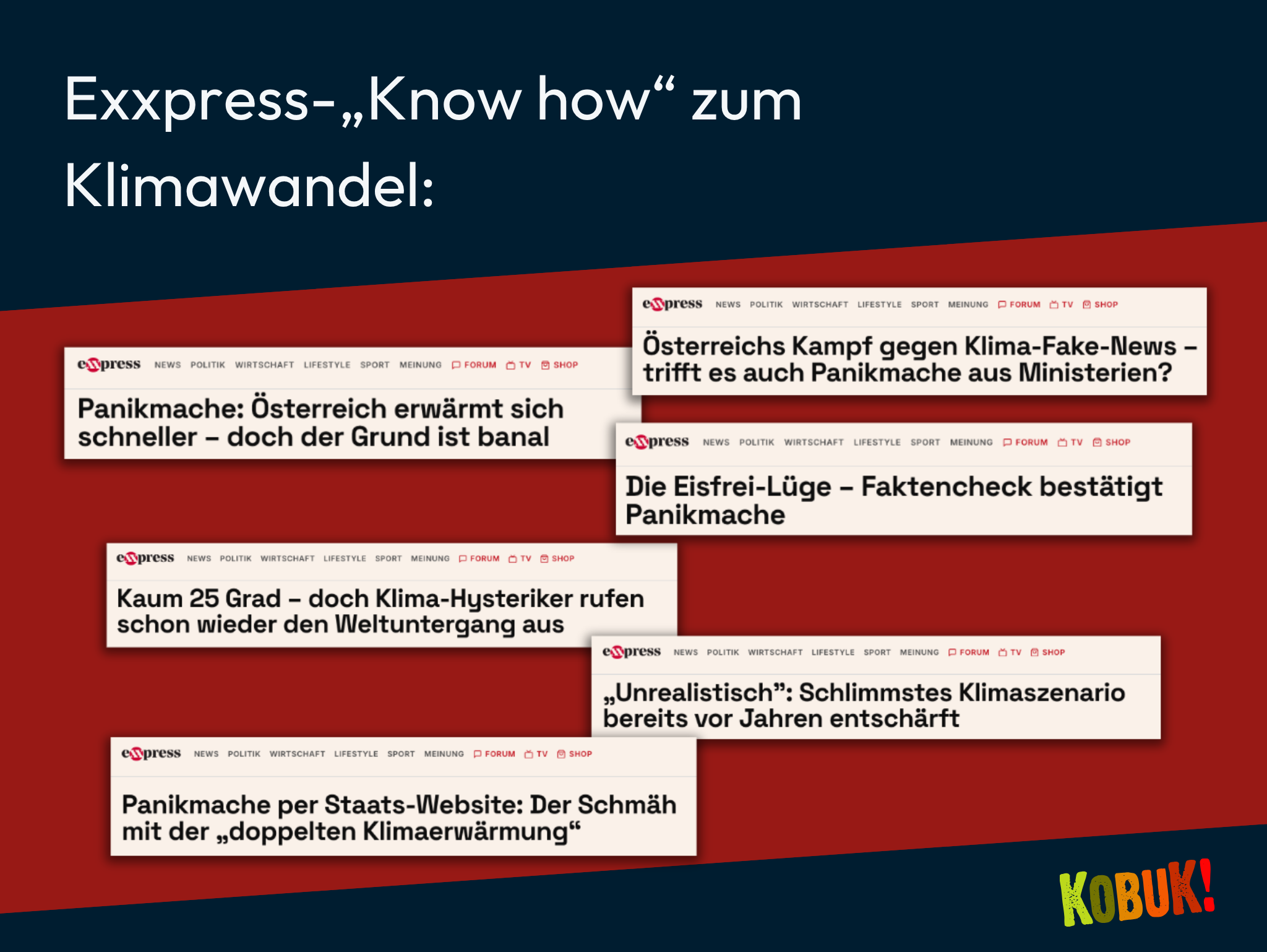 Collage mit der Überschrift lautet: „Exxpress-‚Know how‘ zum Klimawandel:“. Zu sehen sind Artikelausschnitte mit Titeln wie „Panikmache: Österreich erwärmt sich schneller – doch der Grund ist banal“, „Österreichs Kampf gegen Klima-Fake-News – trifft es auch Panikmache aus Ministerien?“, „Die Eisfrei-Lüge – Faktencheck bestätigt Panikmache“, „Kaum 25 Grad – doch Klima-Hysteriker rufen schon wieder den Weltuntergang aus“, „‚Unrealistisch‘: Schlimmstes Klimaszenario bereits vor Jahren entschärft“ und „Panikmache per Staats-Website: Der Schmäh mit der ‚doppelten Klimaerwärmung“.