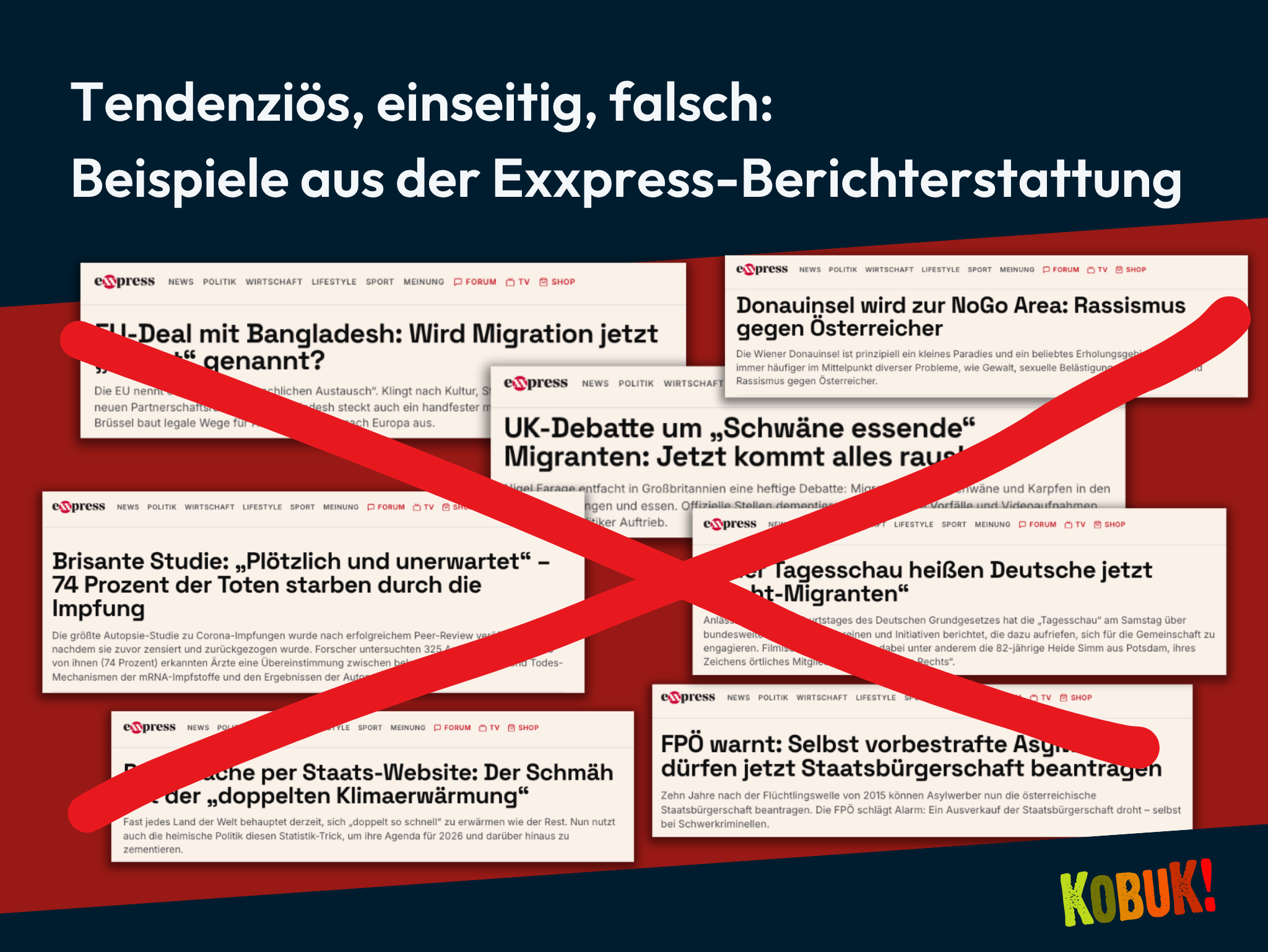 Collage von Artikeln des Mediums „Express“ mit der Überschrift: „Tendenziös, einseitig, falsch: Beispiele aus der Exxpress-Berichterstattung“. Die Artikel tragen Titel wie „EU-Deal mit Bangladesch: Wird Migration jetzt ‚Talent‘ genannt?“, „Donauinsel wird zur NoGo Area: Rassismus gegen Österreicher“, „UK-Debatte um ‚Schwäne essende‘ Migranten: Jetzt kommt alles raus!“, „Brisante Studie: ‚Plötzlich und unerwartet‘ – 74 Prozent der Toten starben durch die Impfung“, „In der Tagesschau heißen Deutsche jetzt ‚Nicht-Migranten‘“, „FPÖ warnt: Selbst vorbestrafte Asylwerber dürfen jetzt Staatsbürgerschaft beantragen“ und „Panikmache per Staats-Website: Der Schmäh mit der ‚doppelten Klimaerwärmung‘“.
