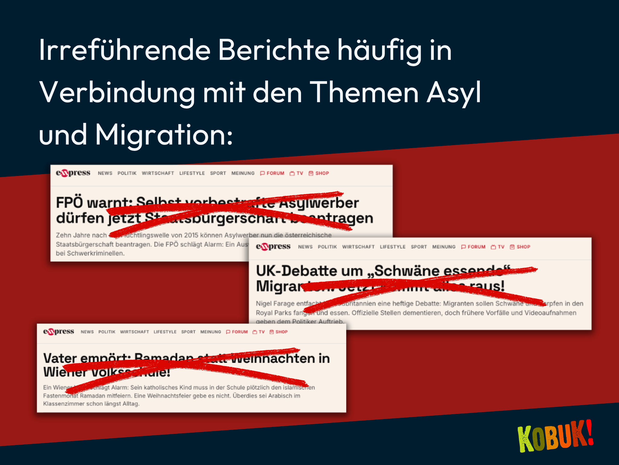 Collage von durchgestrichenen Artikeln des „Express“ mit der Überschrift: „Irreführende Berichte häufig in Verbindung mit den Themen Asyl und Migration:“. Die Artikel sind mit einem roten Kreuz durchgestrichen und tragen Titel wie „FPÖ warnt: Selbst vorbestrafte Asylwerber dürfen jetzt Staatsbürgerschaft beantragen“, „UK-Debatte um ‚Schwäne essende‘ Migranten: Jetzt kommt alles raus!“ und „Vater empört: Ramadan statt Weihnachten in Wiener Volksschule!“.